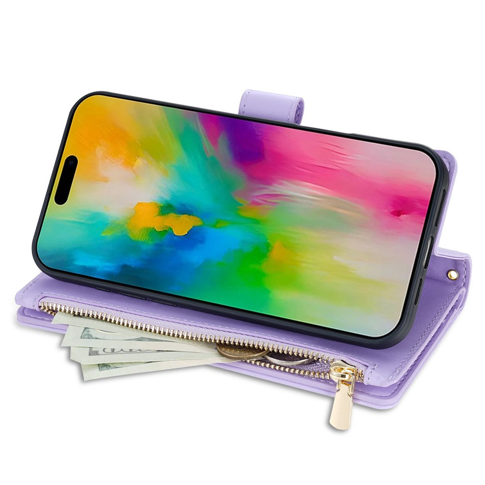 For iPhone 17 Pro Max Case Rhombus Stitching Leather Wallet Phone Cover with Long  /  Short Strap - Light Purple