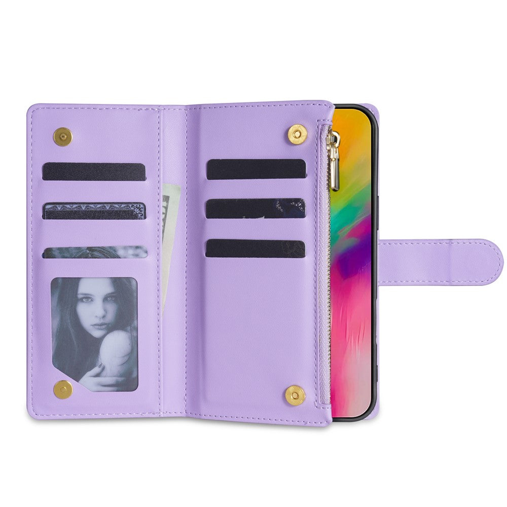 For iPhone 17 Pro Max Case Rhombus Stitching Leather Wallet Phone Cover with Long  /  Short Strap - Light Purple