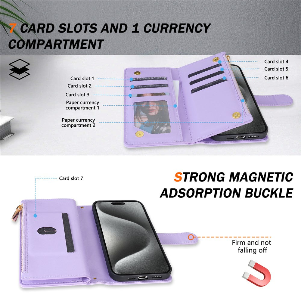 For iPhone 17 Pro Max Case Rhombus Stitching Leather Wallet Phone Cover with Long  /  Short Strap - Light Purple
