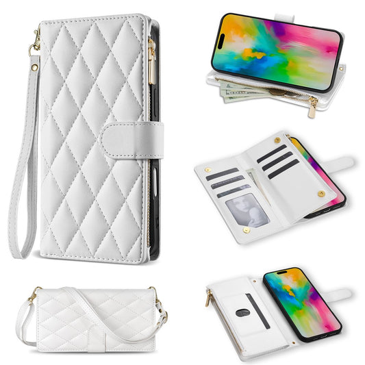 For iPhone 17 Pro Max Case Rhombus Stitching Leather Wallet Phone Cover with Long  /  Short Strap - White