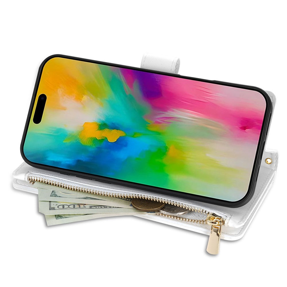 For iPhone 17 Pro Max Case Rhombus Stitching Leather Wallet Phone Cover with Long  /  Short Strap - White