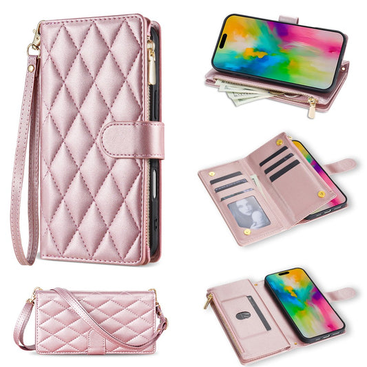 For iPhone 17 Pro Max Case Rhombus Stitching Leather Wallet Phone Cover with Long  /  Short Strap - Rose Gold