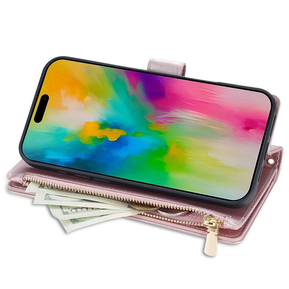 For iPhone 17 Pro Max Case Rhombus Stitching Leather Wallet Phone Cover with Long  /  Short Strap - Rose Gold