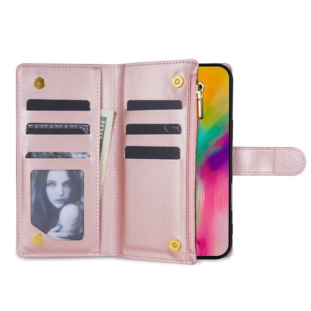 For iPhone 17 Pro Max Case Rhombus Stitching Leather Wallet Phone Cover with Long  /  Short Strap - Rose Gold