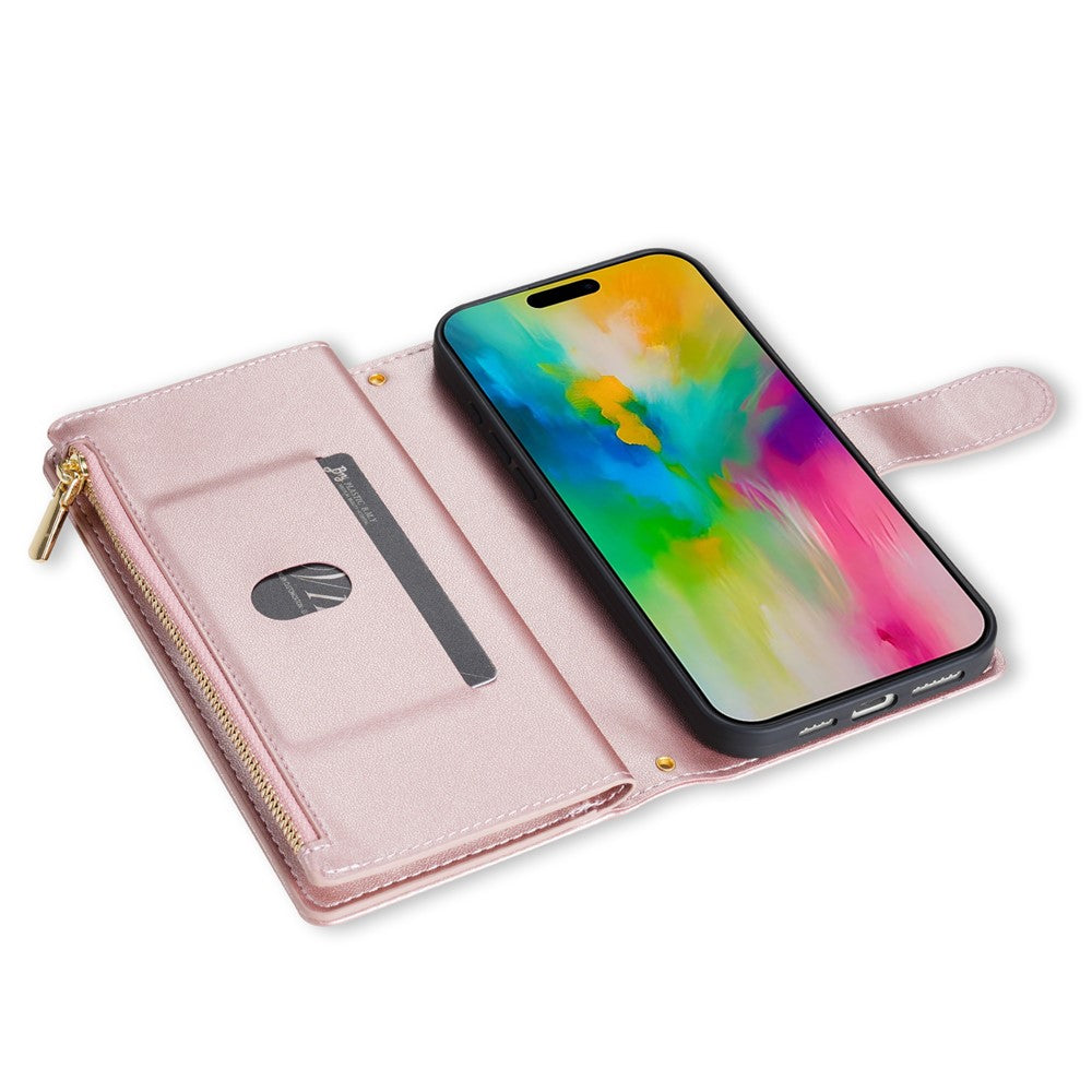 For iPhone 17 Pro Max Case Rhombus Stitching Leather Wallet Phone Cover with Long  /  Short Strap - Rose Gold