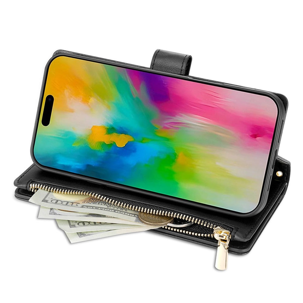 For iPhone 17 Pro Max Case Rhombus Stitching Leather Wallet Phone Cover with Long  /  Short Strap - Black