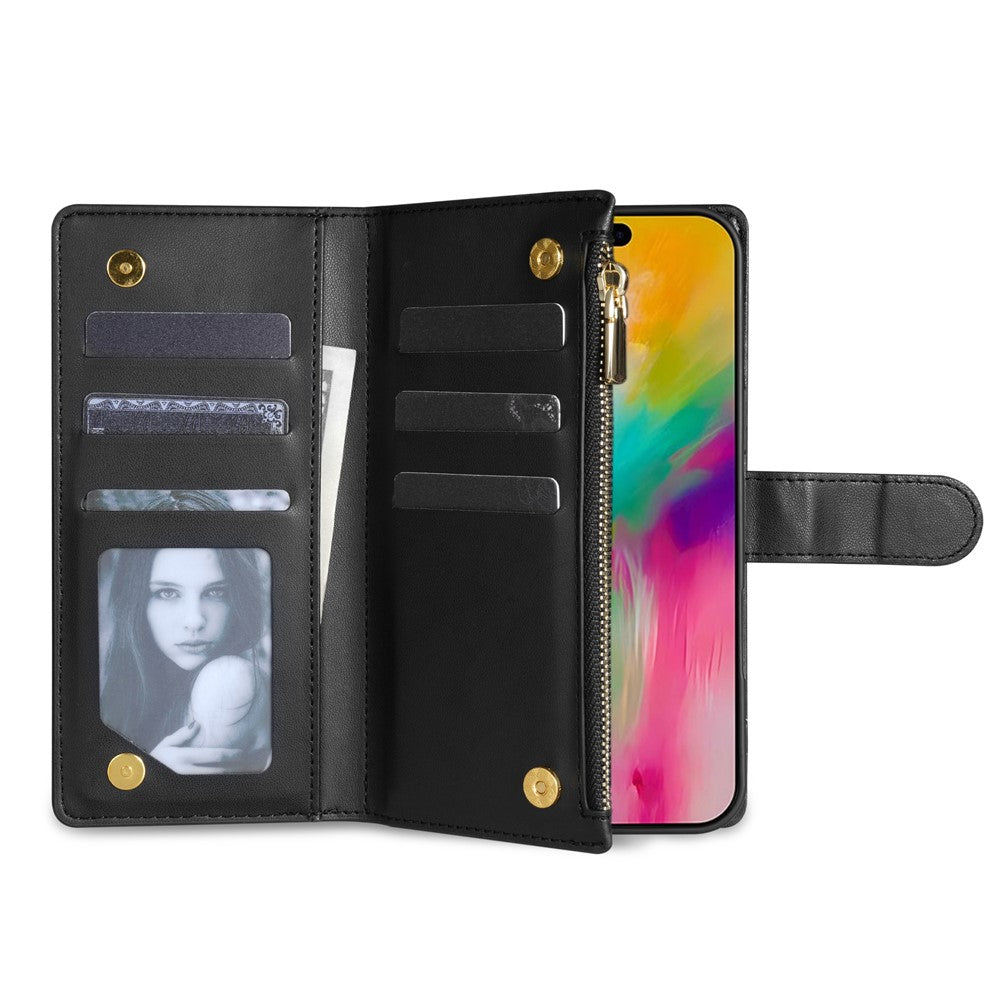 For iPhone 17 Pro Max Case Rhombus Stitching Leather Wallet Phone Cover with Long  /  Short Strap - Black