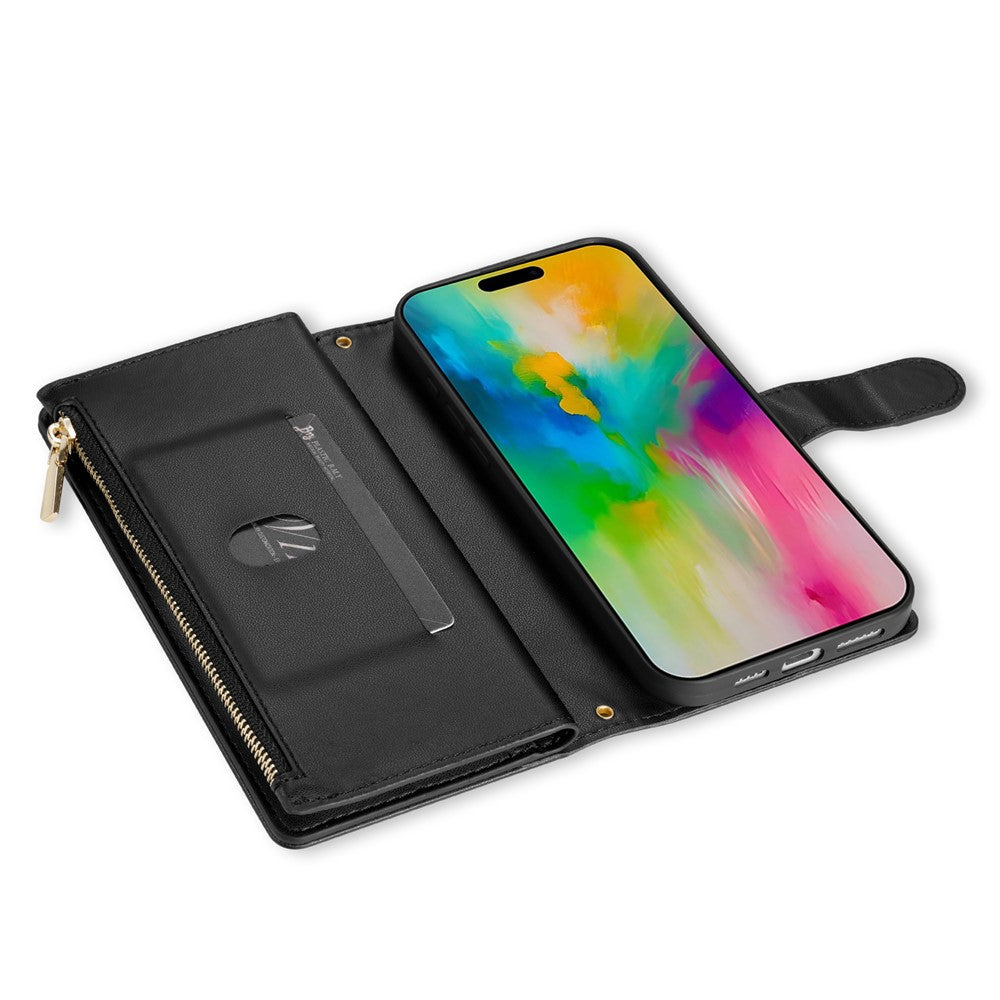 For iPhone 17 Pro Max Case Rhombus Stitching Leather Wallet Phone Cover with Long  /  Short Strap - Black