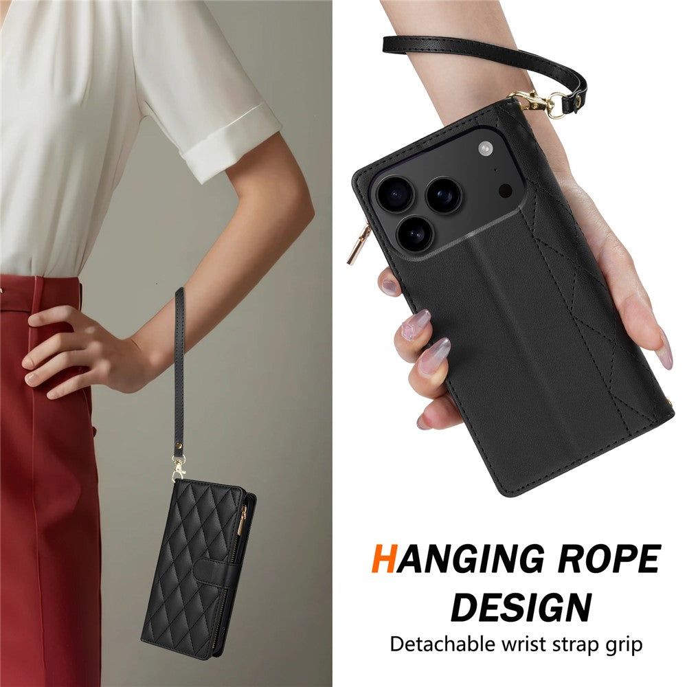 For iPhone 17 Pro Max Case Rhombus Stitching Leather Wallet Phone Cover with Long  /  Short Strap - Black