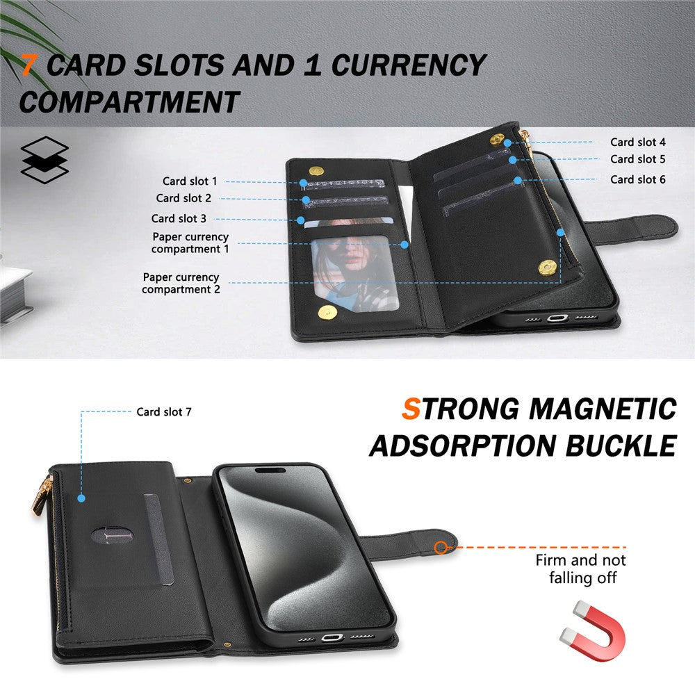 For iPhone 17 Pro Max Case Rhombus Stitching Leather Wallet Phone Cover with Long  /  Short Strap - Black