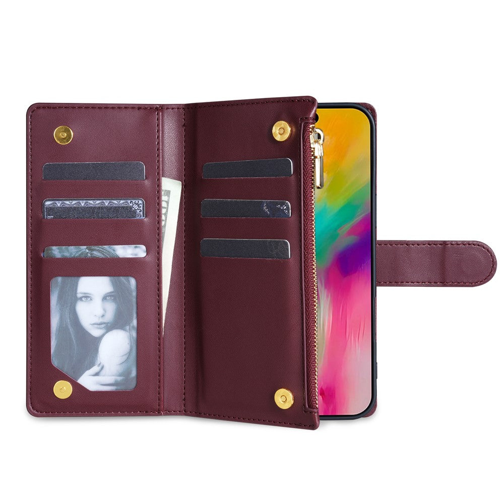 For iPhone 17 Pro Max Case Rhombus Stitching Leather Wallet Phone Cover with Long  /  Short Strap - Wine Red