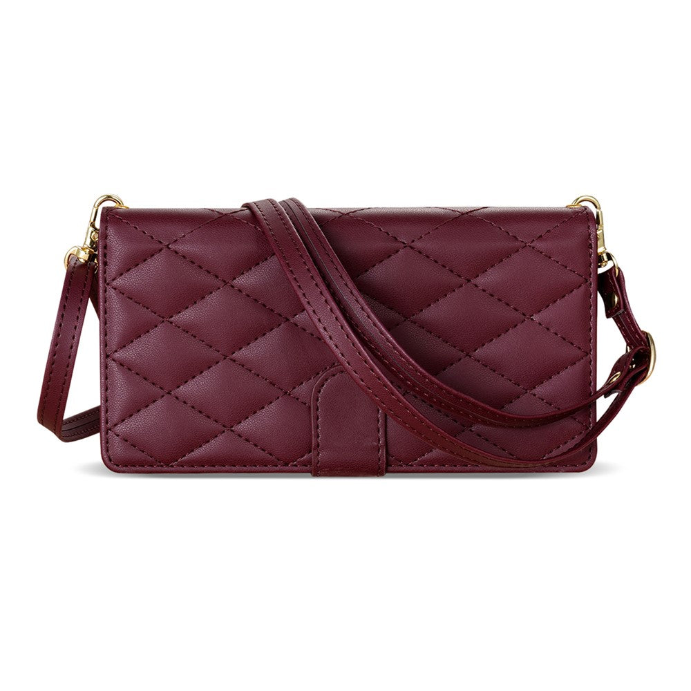 For iPhone 17 Pro Max Case Rhombus Stitching Leather Wallet Phone Cover with Long  /  Short Strap - Wine Red