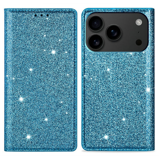 For iPhone 17 Pro Max Case Glittery PU Leather + TPU Card Slot Phone Cover - Blue