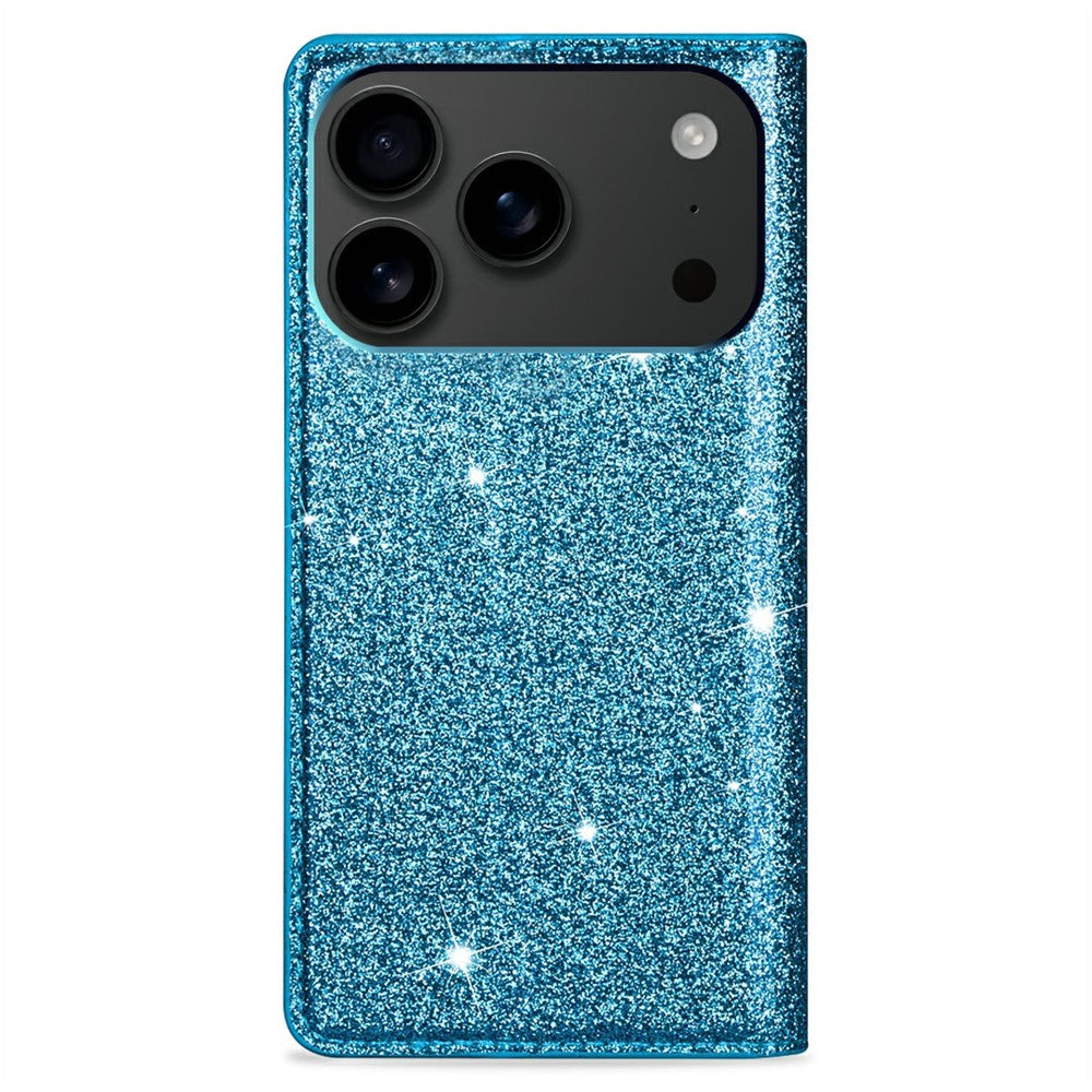 For iPhone 17 Pro Max Case Glittery PU Leather + TPU Card Slot Phone Cover - Blue