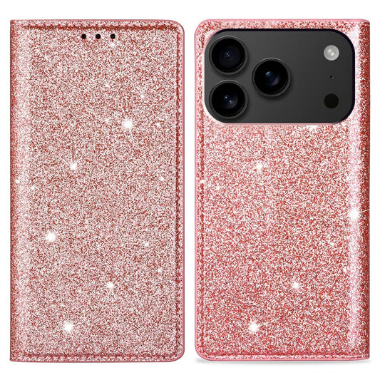 For iPhone 17 Pro Max Case Glittery PU Leather + TPU Card Slot Phone Cover - Rose Gold