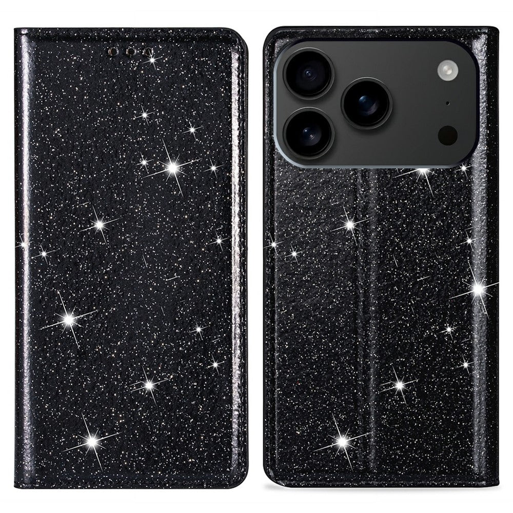 For iPhone 17 Pro Max Case Glittery PU Leather + TPU Card Slot Phone Cover - Black