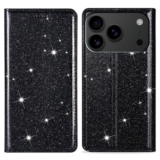 For iPhone 17 Pro Max Case Glittery PU Leather + TPU Card Slot Phone Cover - Black