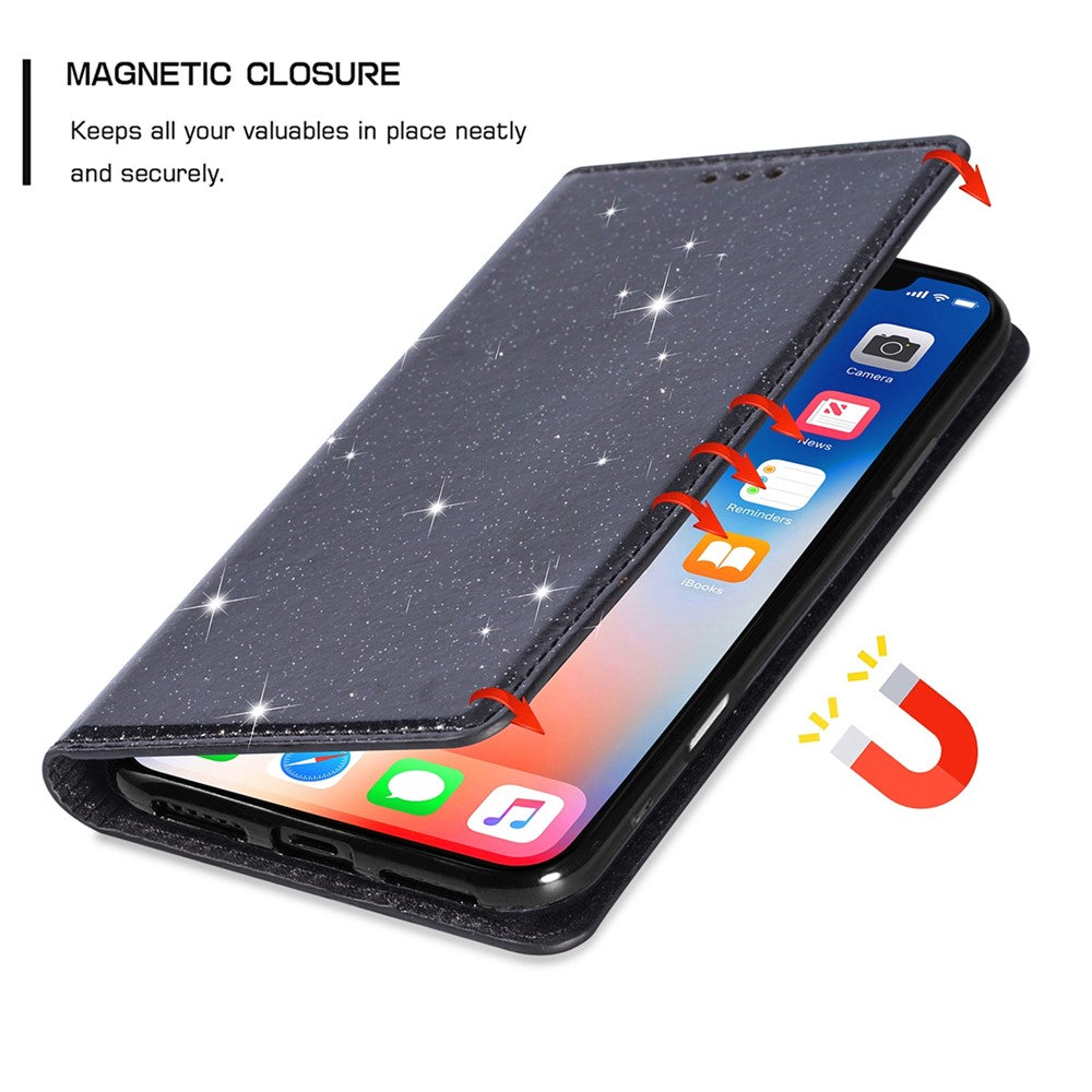 For iPhone 17 Pro Max Case Glittery PU Leather + TPU Card Slot Phone Cover - Black