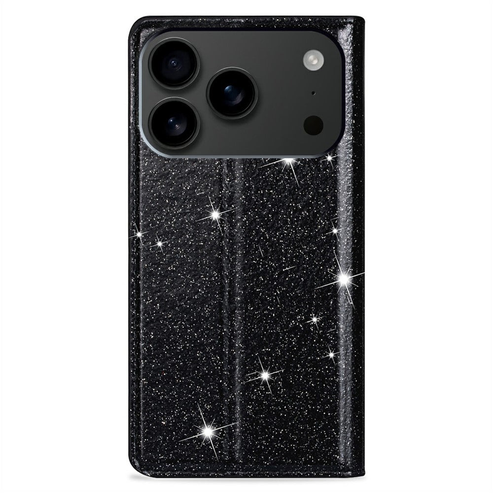 For iPhone 17 Pro Max Case Glittery PU Leather + TPU Card Slot Phone Cover - Black
