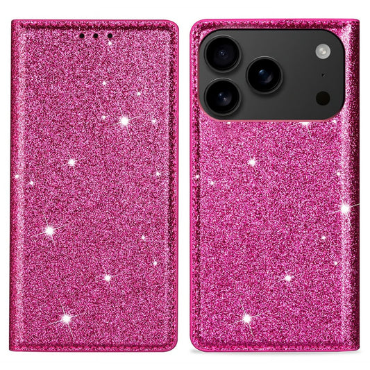 For iPhone 17 Pro Max Case Glittery PU Leather + TPU Card Slot Phone Cover - Rose