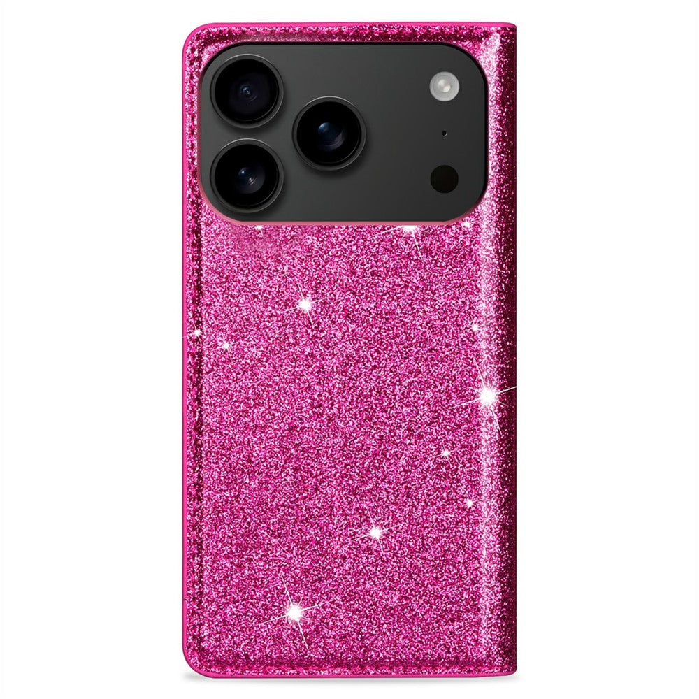 For iPhone 17 Pro Max Case Glittery PU Leather + TPU Card Slot Phone Cover - Rose