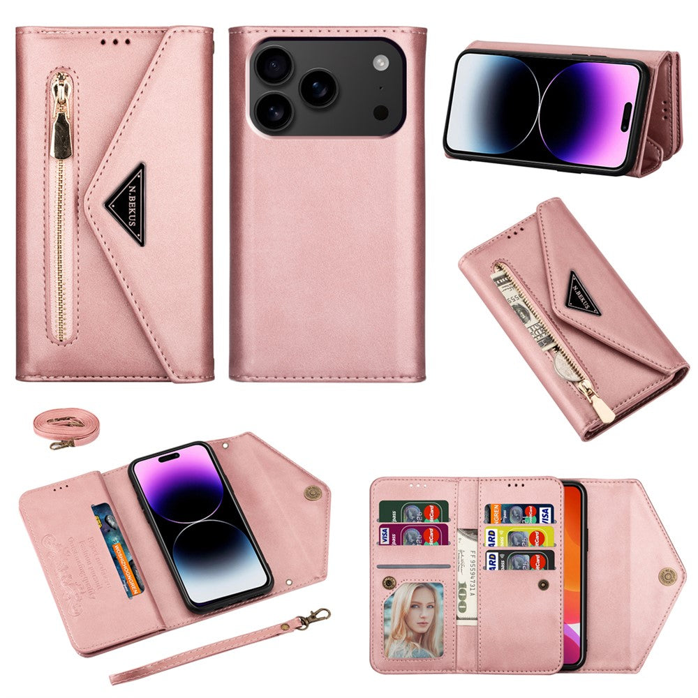 N.BEKUS For iPhone 17 Pro Max Cases Skin-Touch Leather Wallet Phone Cover with Straps - Rose Gold