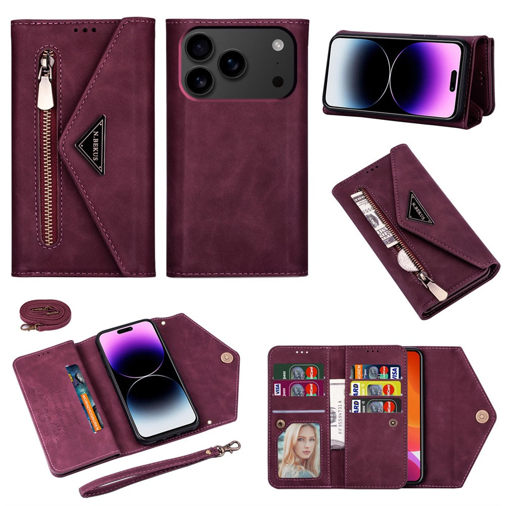N.BEKUS For iPhone 17 Pro Max Cases Skin-Touch Leather Wallet Phone Cover with Straps - Wine Red