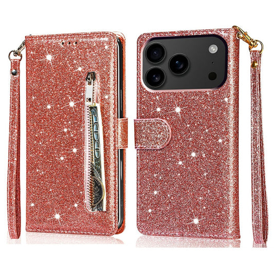 For iPhone 17 Pro Max Stand Case Glitter Phone Leather Cover Zipper Pocket - Rose Gold