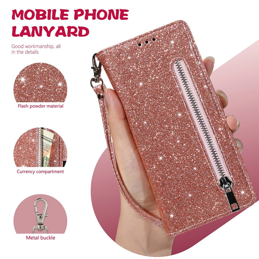 For iPhone 17 Pro Max Stand Case Glitter Phone Leather Cover Zipper Pocket - Rose Gold