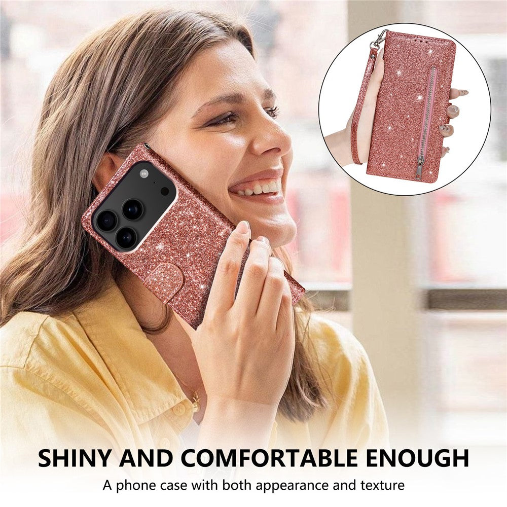 For iPhone 17 Pro Max Stand Case Glitter Phone Leather Cover Zipper Pocket - Rose Gold