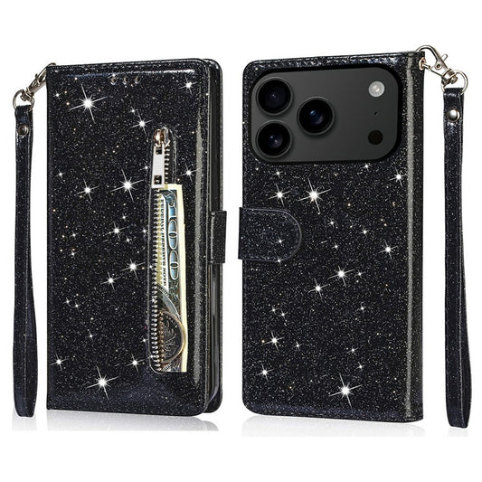 For iPhone 17 Pro Max Stand Case Glitter Phone Leather Cover Zipper Pocket - Black
