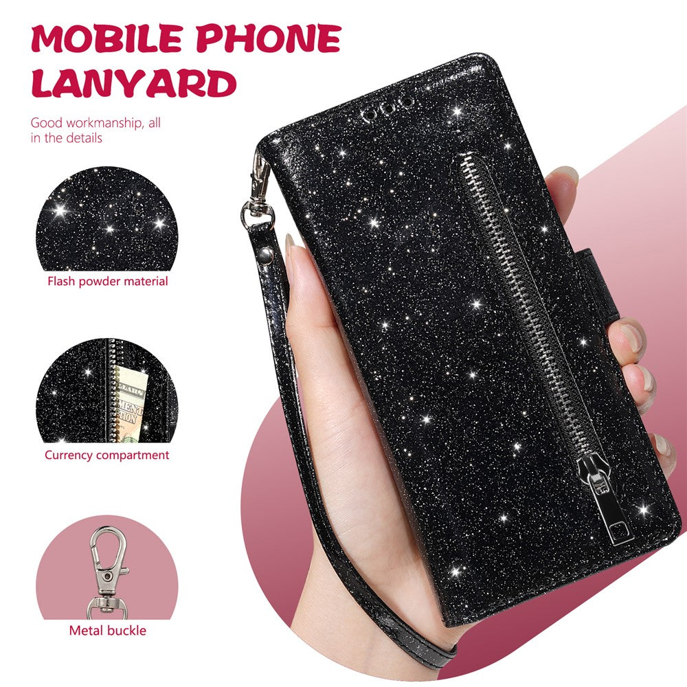 For iPhone 17 Pro Max Stand Case Glitter Phone Leather Cover Zipper Pocket - Black