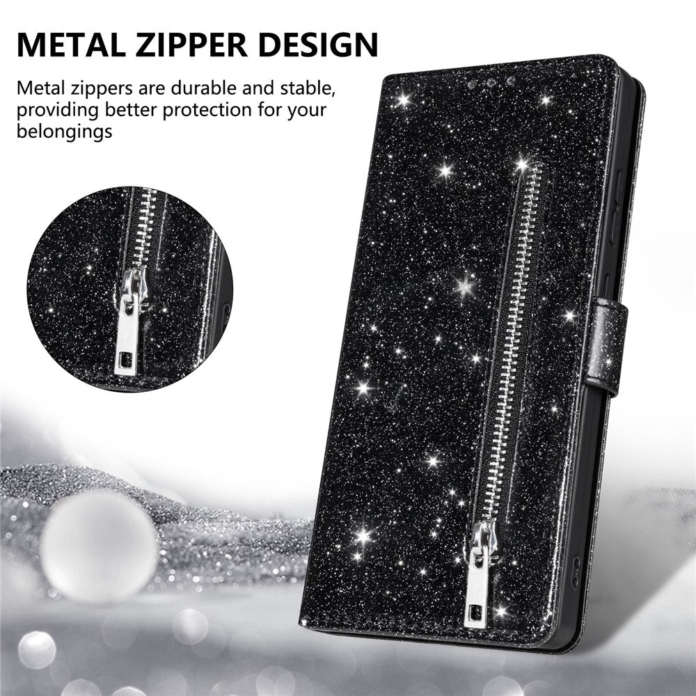 For iPhone 17 Pro Max Stand Case Glitter Phone Leather Cover Zipper Pocket - Black