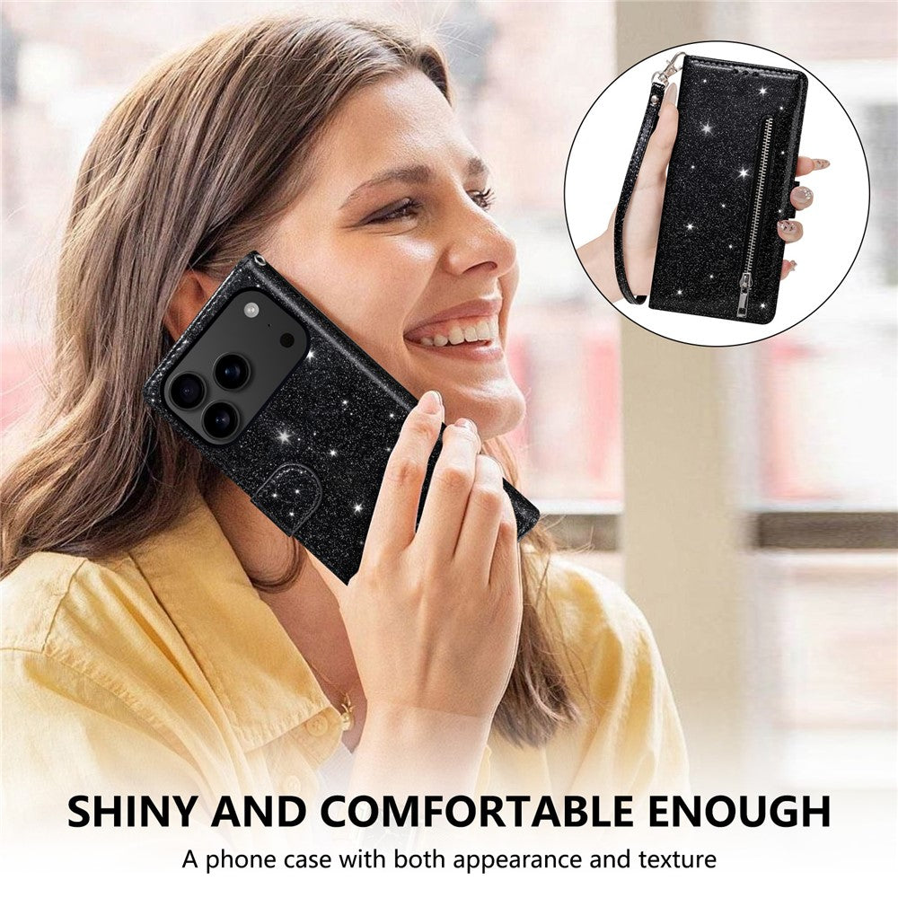 For iPhone 17 Pro Max Stand Case Glitter Phone Leather Cover Zipper Pocket - Black