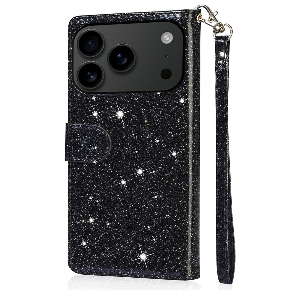 For iPhone 17 Pro Max Stand Case Glitter Phone Leather Cover Zipper Pocket - Black