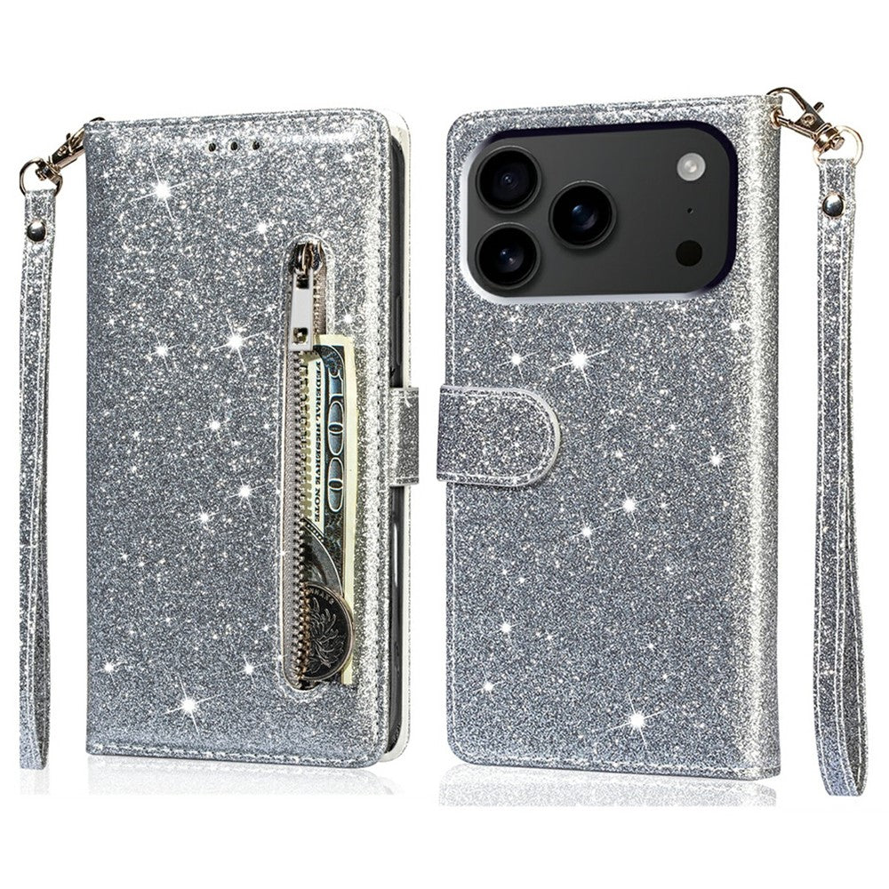 For iPhone 17 Pro Max Stand Case Glitter Phone Leather Cover Zipper Pocket - Silver