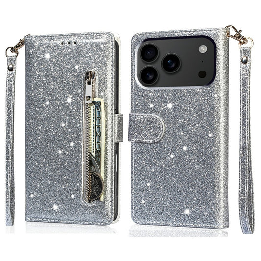 For iPhone 17 Pro Max Stand Case Glitter Phone Leather Cover Zipper Pocket - Silver