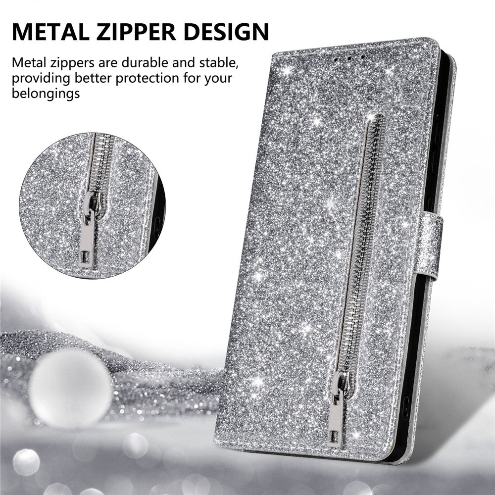 For iPhone 17 Pro Max Stand Case Glitter Phone Leather Cover Zipper Pocket - Silver