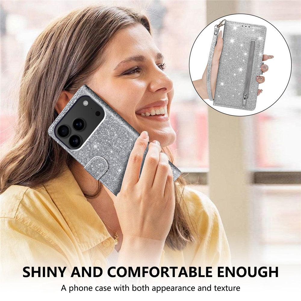 For iPhone 17 Pro Max Stand Case Glitter Phone Leather Cover Zipper Pocket - Silver