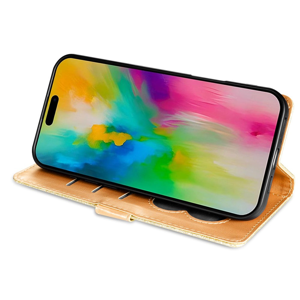 For iPhone 17 Pro Max Stand Case Glitter Phone Leather Cover Zipper Pocket - Gold