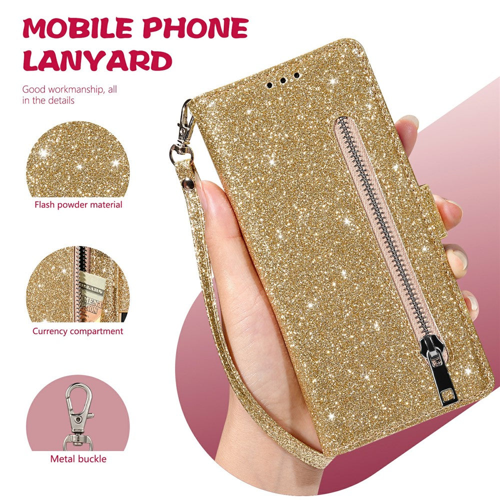 For iPhone 17 Pro Max Stand Case Glitter Phone Leather Cover Zipper Pocket - Gold