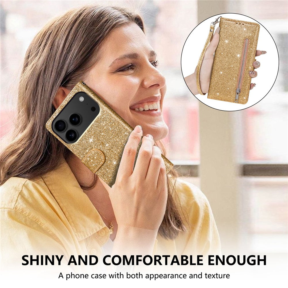 For iPhone 17 Pro Max Stand Case Glitter Phone Leather Cover Zipper Pocket - Gold