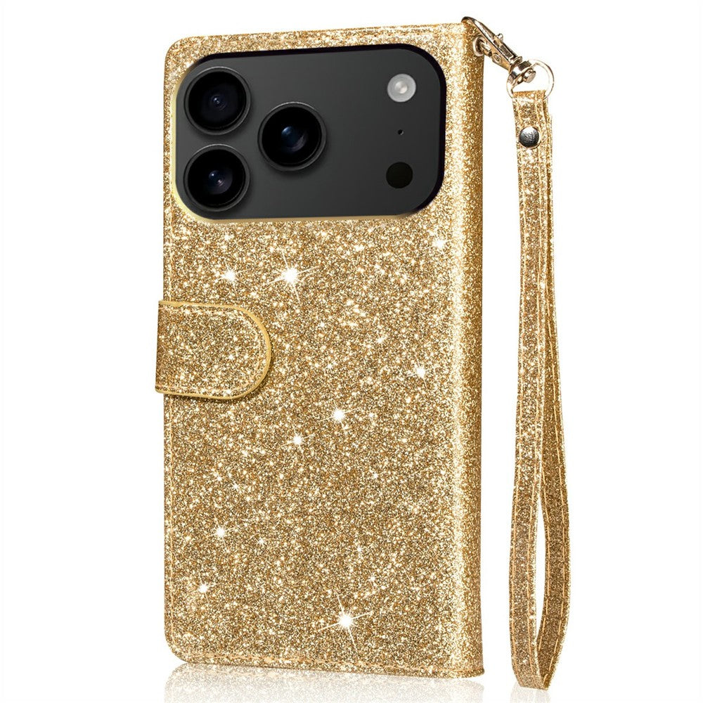 For iPhone 17 Pro Max Stand Case Glitter Phone Leather Cover Zipper Pocket - Gold