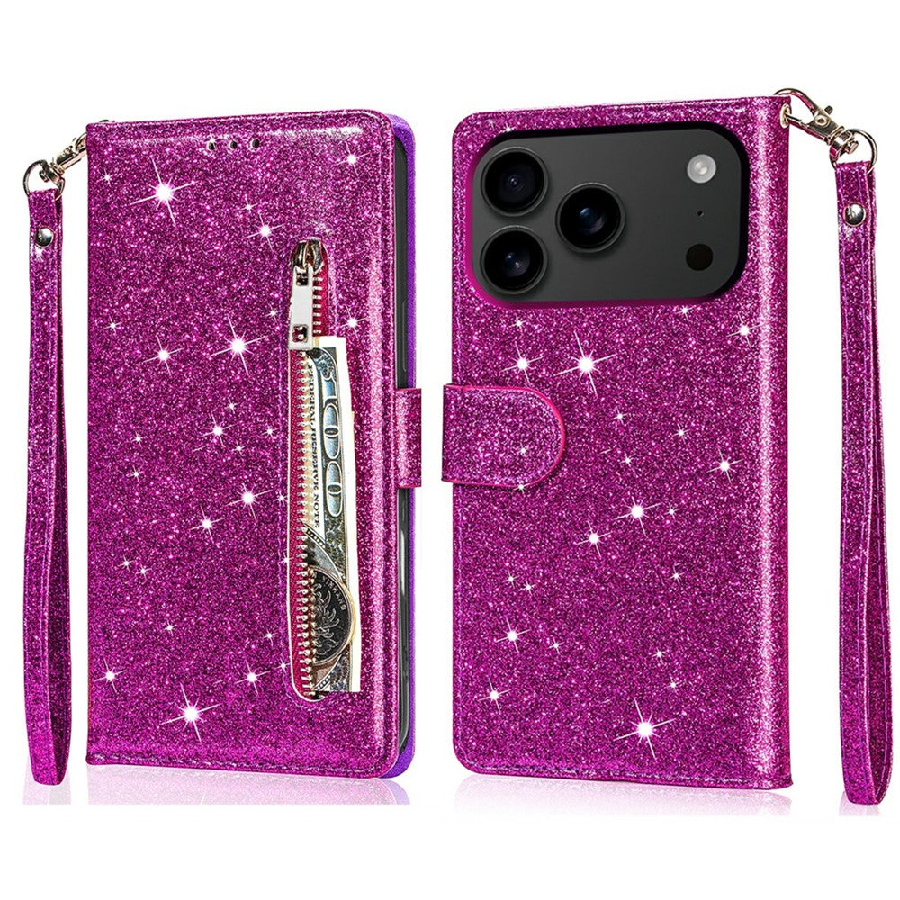 For iPhone 17 Pro Max Stand Case Glitter Phone Leather Cover Zipper Pocket - Purple