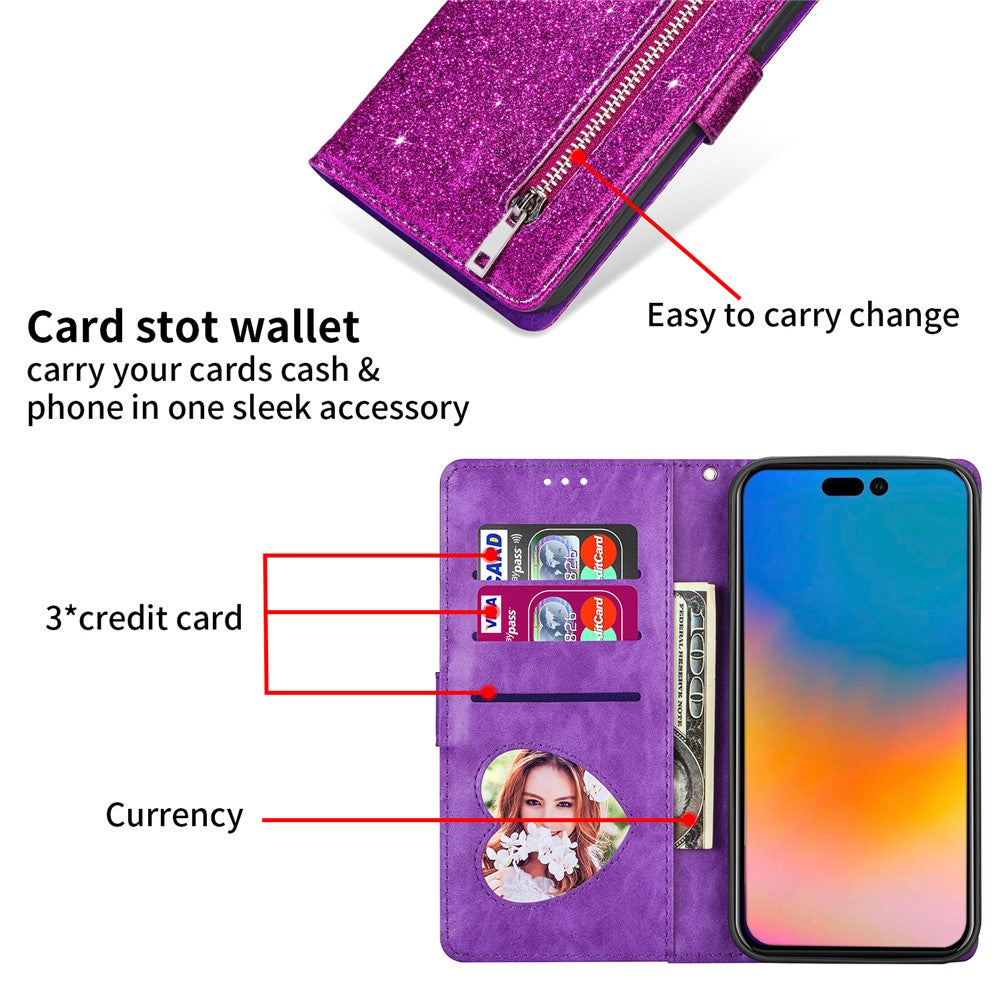 For iPhone 17 Pro Max Stand Case Glitter Phone Leather Cover Zipper Pocket - Purple