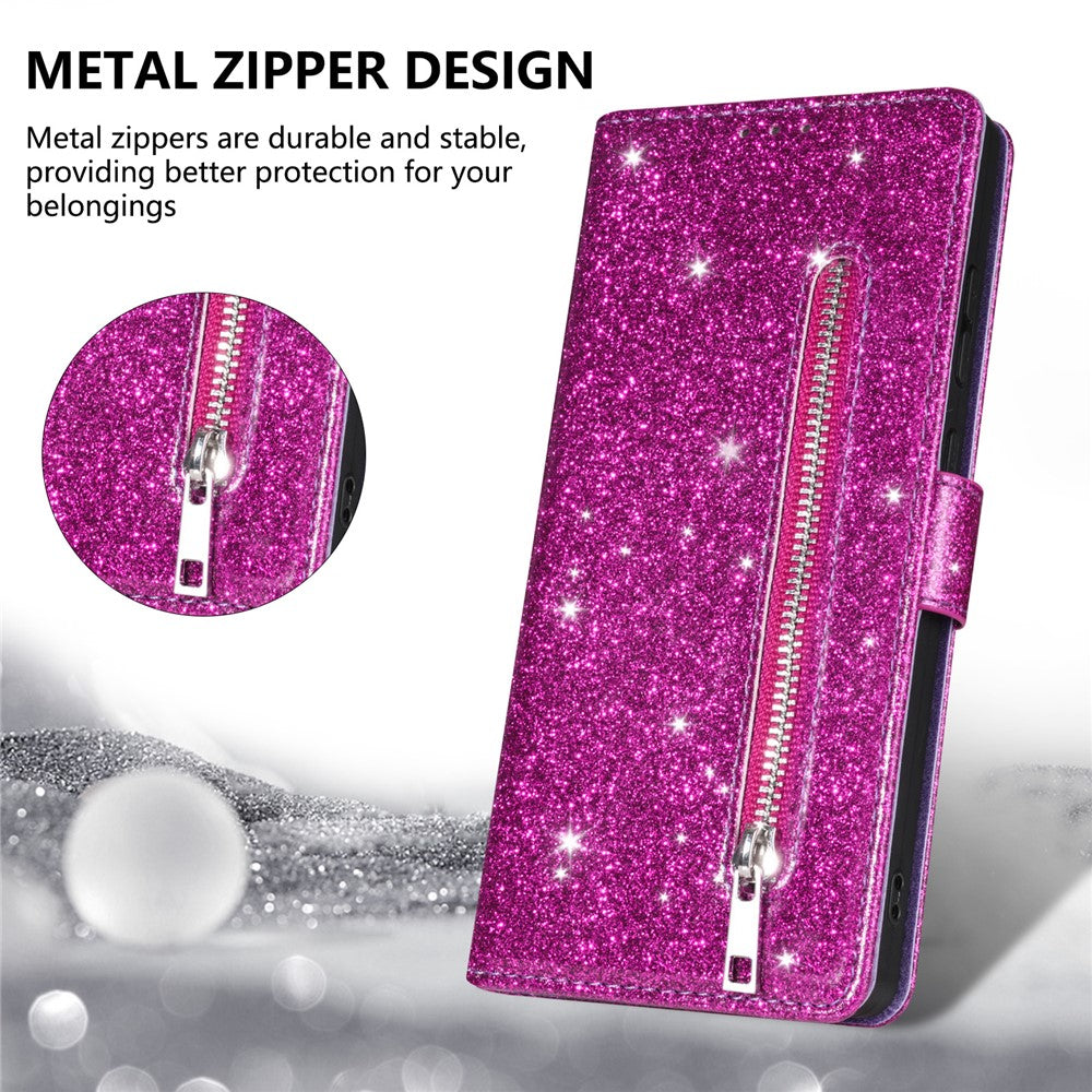 For iPhone 17 Pro Max Stand Case Glitter Phone Leather Cover Zipper Pocket - Purple
