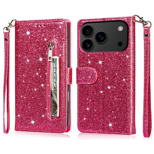 For iPhone 17 Pro Max Stand Case Glitter Phone Leather Cover Zipper Pocket - Rose