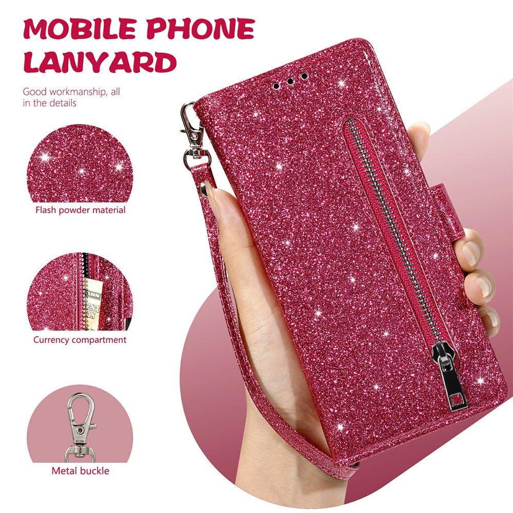For iPhone 17 Pro Max Stand Case Glitter Phone Leather Cover Zipper Pocket - Rose