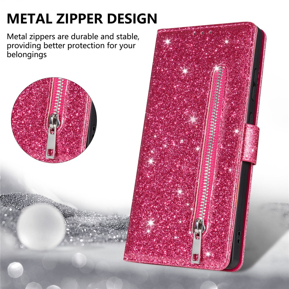 For iPhone 17 Pro Max Stand Case Glitter Phone Leather Cover Zipper Pocket - Rose