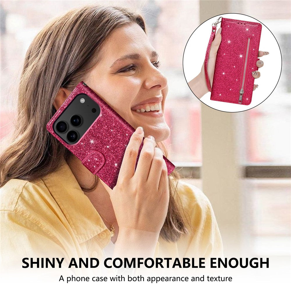 For iPhone 17 Pro Max Stand Case Glitter Phone Leather Cover Zipper Pocket - Rose